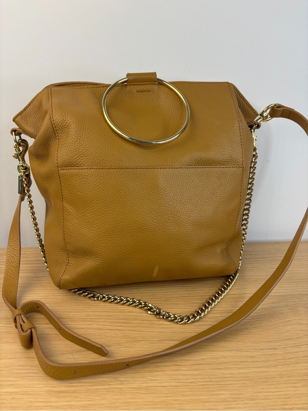 Thacker New York‎ Tan Pebbled Leather Slouchy Bag Gold Tone Chain